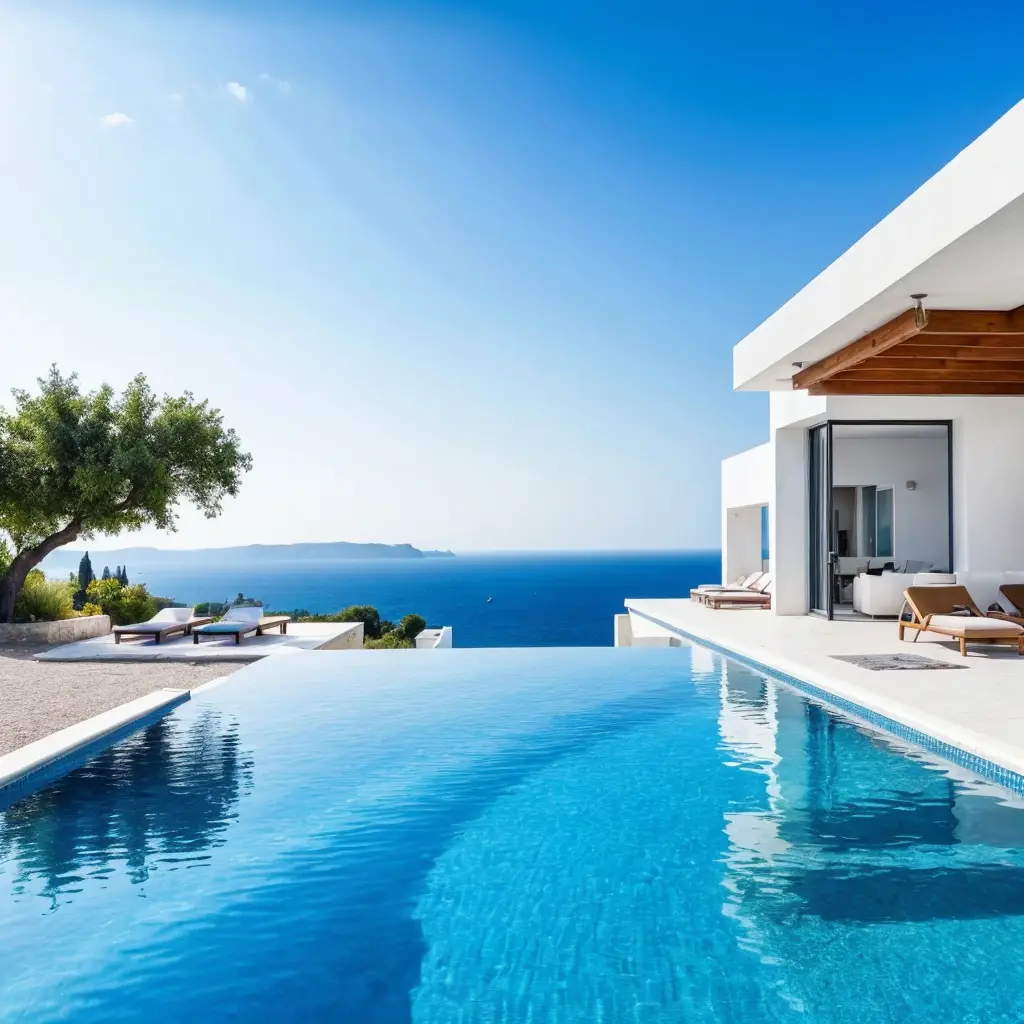 A breathtaking view of a luxurious villa in Greece overlooking the Aegean Sea, featuring modern architecture, an infinity pool, and lush greenery.