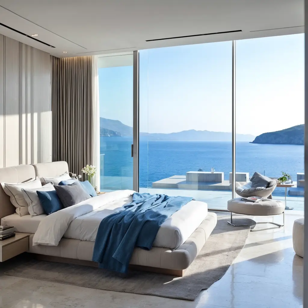 Elegant bedroom in a luxurious villa with floor-to-ceiling windows offering a stunning view of the Aegean Sea.