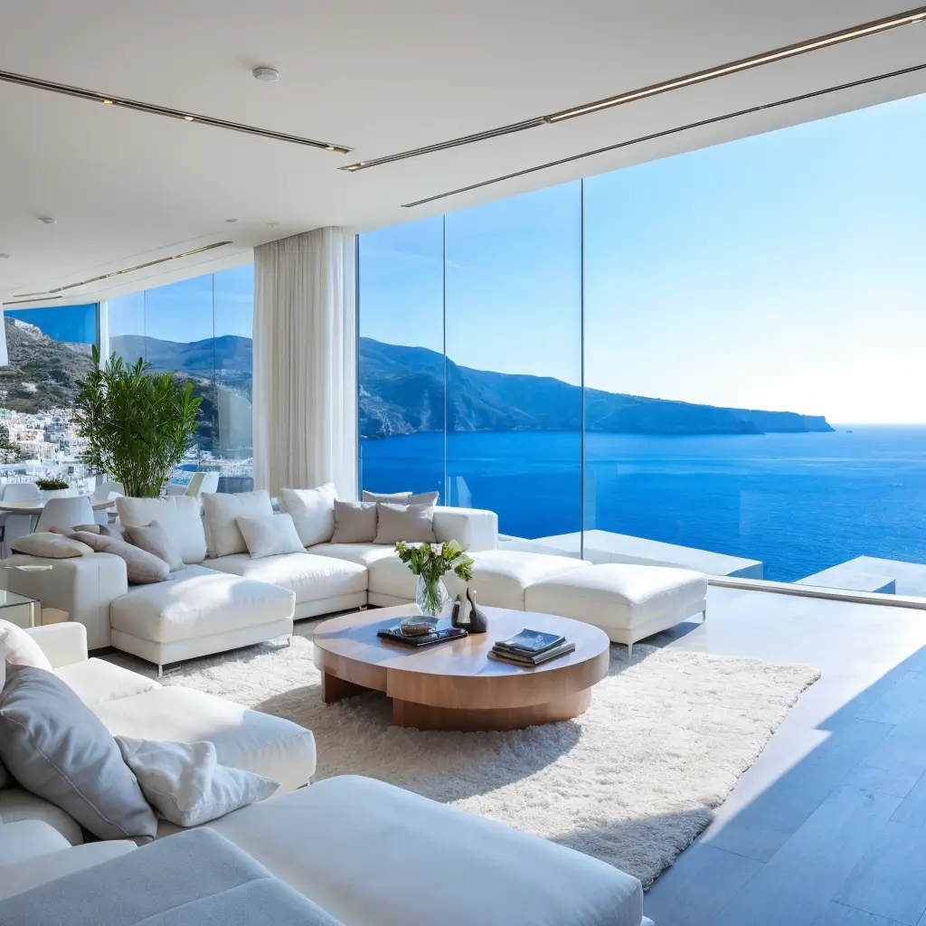 A stunning luxury villa overlooking the Aegean Sea in Greece with modern architecture, infinity pool, and scenic coastal views